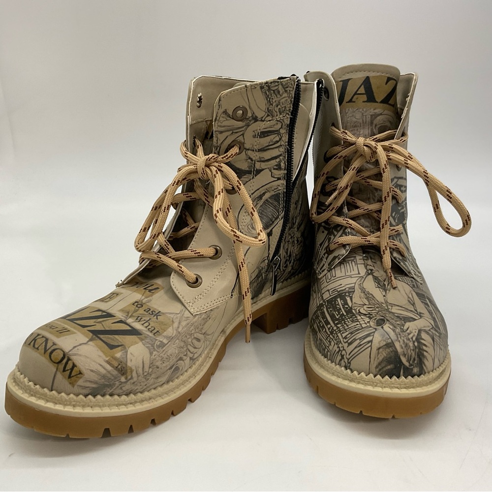 Cream and Black Lace Up Boots with Reinforced Eyelets